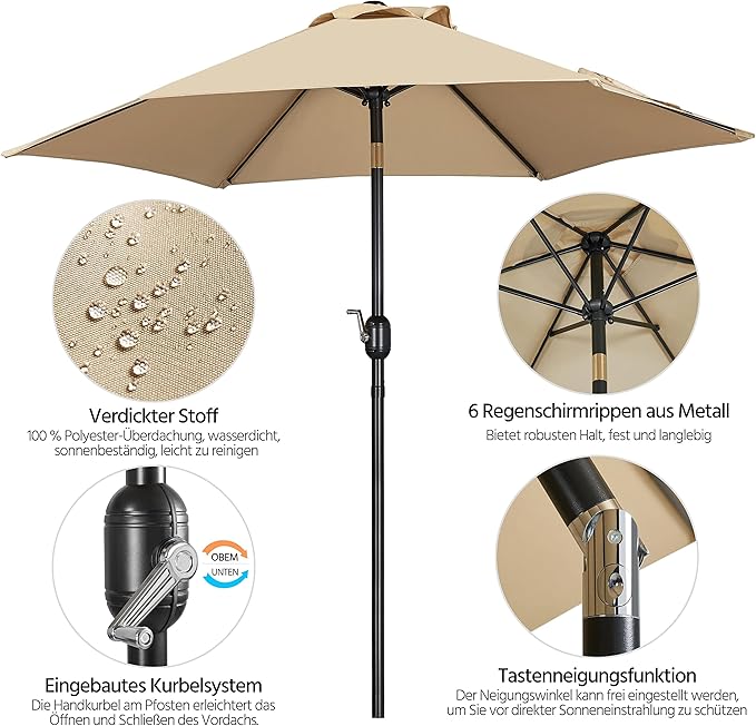 Yaheetech Parasol Ø230 cm - Waterafstotend - Kantelbare Tuinparasol met Slingermechanisme