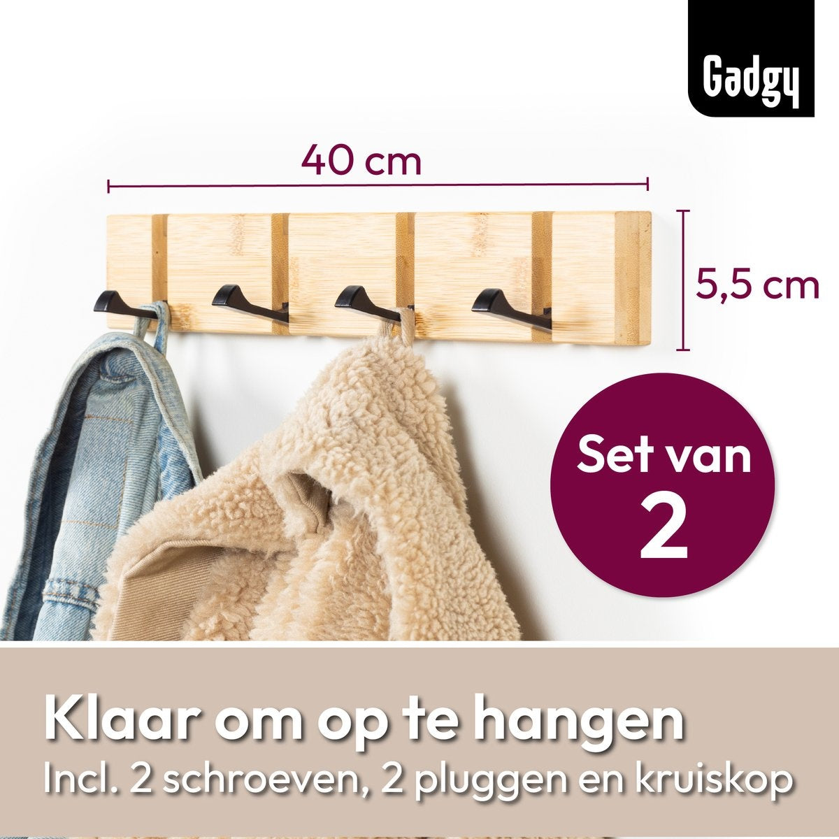 Gadgy Kapstok Hangend - Wandkapstok Hout Wand - Kinderkapstok met 8 Inklapbare Haken Zwart - Muur Kleerhanger Bamboe - Set van 2 - Max. 15kg draagkracht