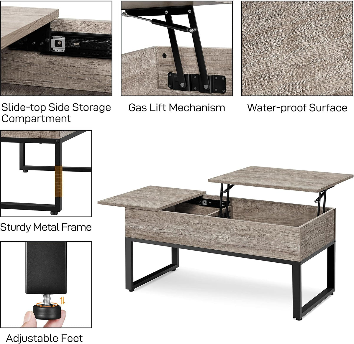 Yaheetech Lift-top salontafel met verborgen opbergruimte - 105 x 50 x 61 cm - Grijs