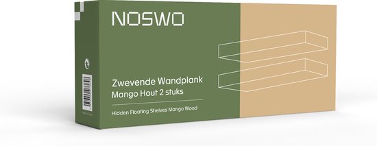 Noswo Zwevende Wandplank - Set van 2 met 15 kg Laadvermogen - Massief Mango hout - Muurplank - 43x16,8 x4 cm - Te gebruiken als Wandplank, Boekenplank en Fotoplank - Inclusief Bevestigingsmateriaal