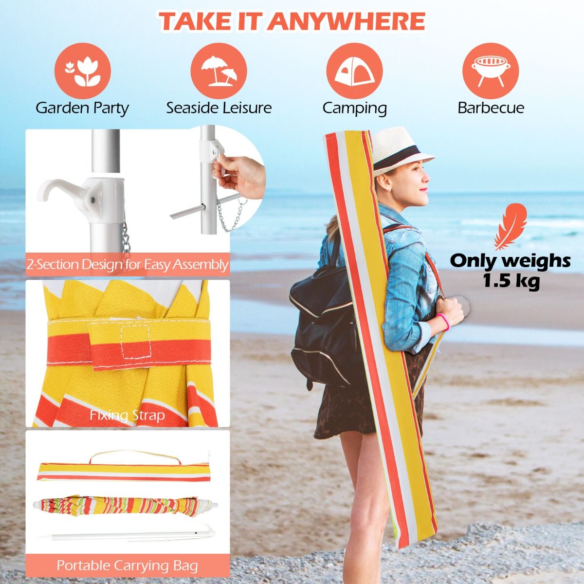 Coast Strandparasol Ø198 x 206 cm – Rood/Geel – Draagbaar zonnescherm met zandanker & draagtas