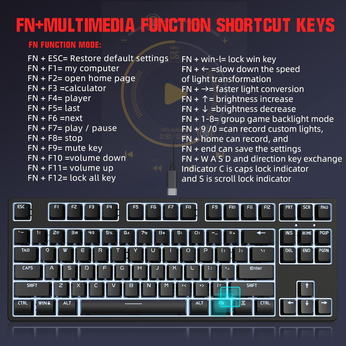 HXSJ L600 Bedraad Mechanisch Gaming Toetsenbord - QWERTY - 87 Toetsen - Rode Schakelaar - Zwart