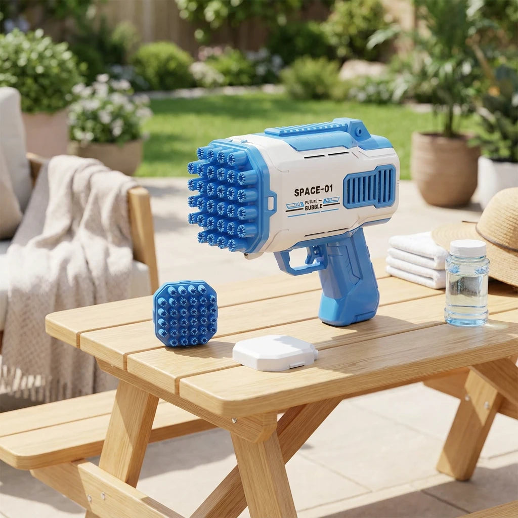 Draagbare - handzame automatische zeepbellenspuit - blauw-wit - elektrische zeepbellenspuit
