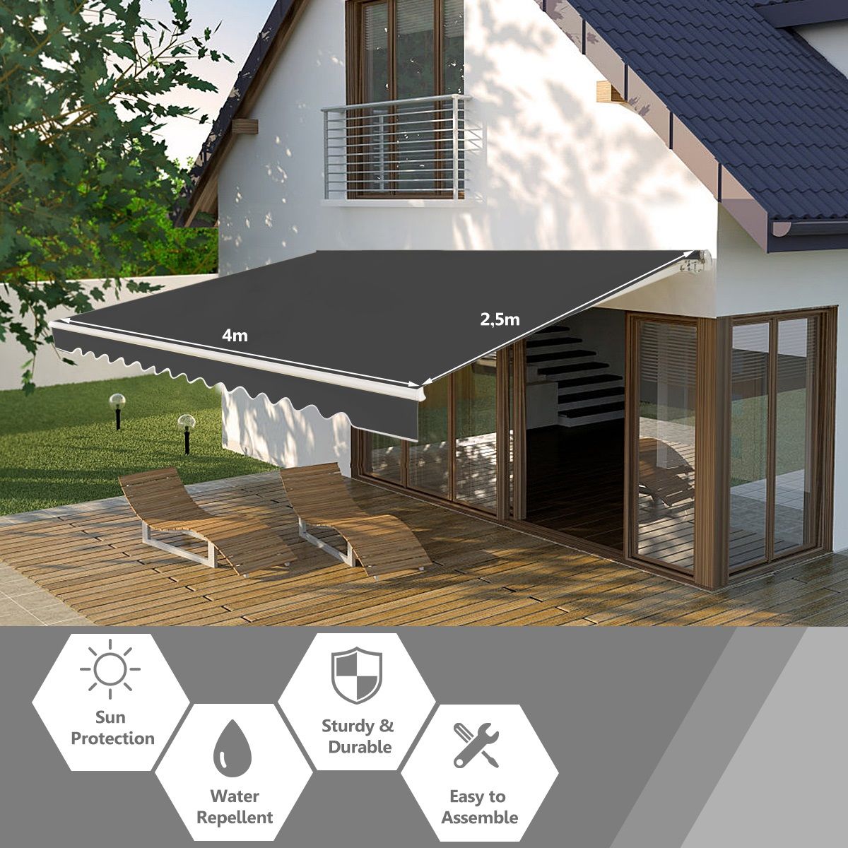 Coast 4 x 2,5 m Uittrekbare Terraszonwering Luifel Zonnescherm Grijs met Slinger en Aluminiumframe