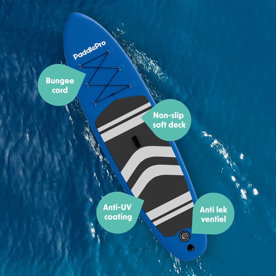 LifeGoods PaddlePro SUP Board - Opblaasbaar Paddle Board - Compleet Set - Max. 150KG - 320x81cm - Blauw