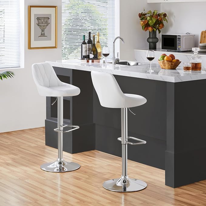 Yaheetech Barkruk met Rugleuning en Voetsteun - Kunstleer - Verstelbaar 86 tot 107,5 cm - 46 x 49 cm - Wit