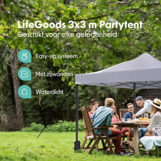 LifeGoods Partytent - Paviljoen - Easy Up - Opvouwbaar - Met Zijwanden - Waterdicht - Met Draagtas Met Wieltjes - 292 x 292 cm – Donkergrijs