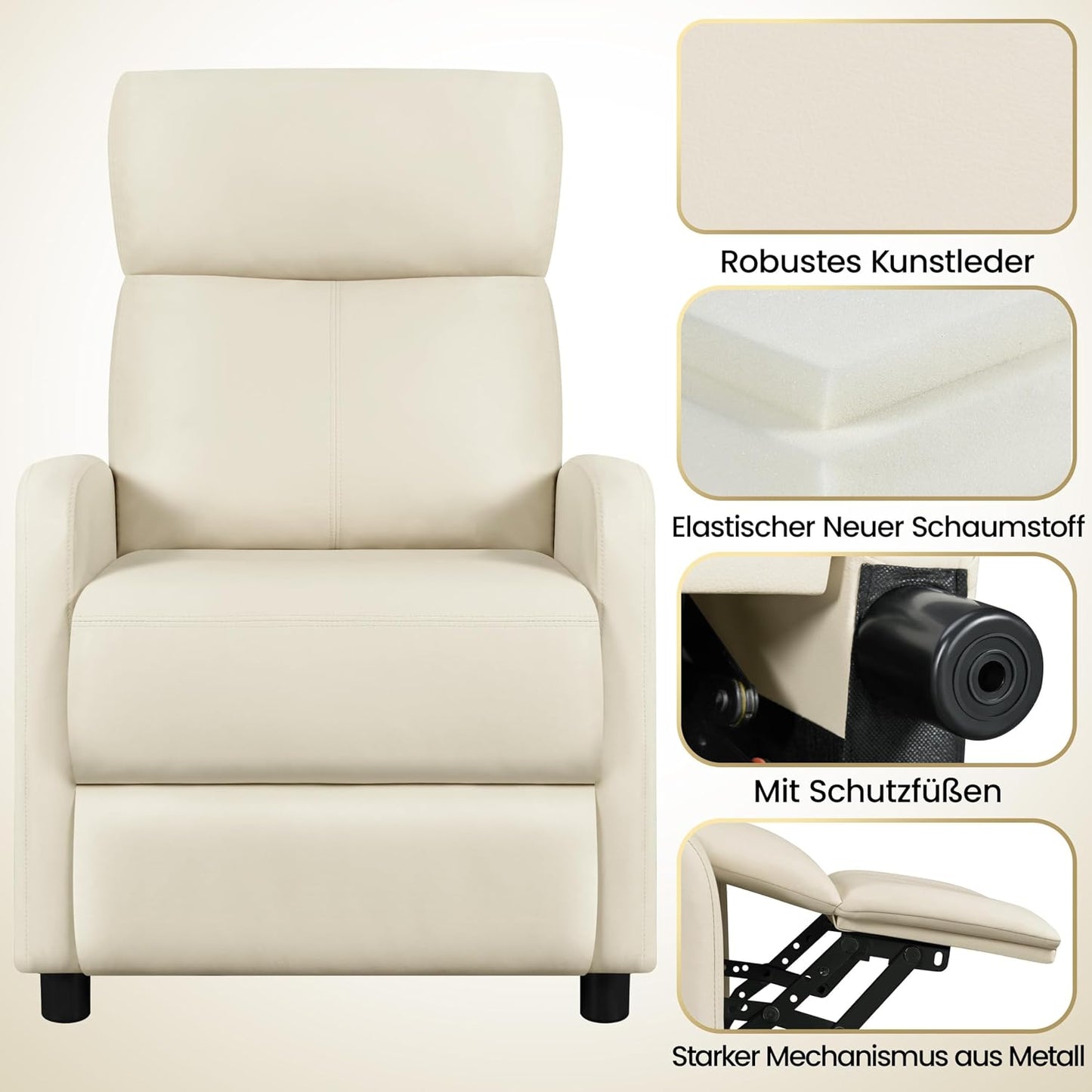 Yaheetech Relaxstoel XL - Verstelbare Ligstoel met Voetensteun - Kunstleer Beige - 87 x 61,5 x 99 cm