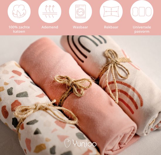 Yunioo Universele Wieglaken Set │ Hoeslaken Baby voor Kinderwagen, Verschoonmand en Mozesmand │ Aankleedkussenhoes │ Kraamcadeau babyshower │ 3-pak │40x80 cm elastisch