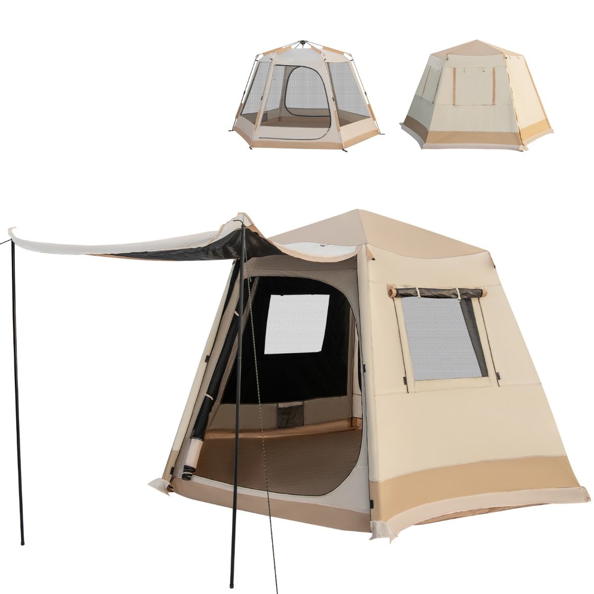 Coast Pop-up Campingtent - Automatisch opzetbaar - Dubbellaags kabinentent - Beige 330 x 270 x 200 cm