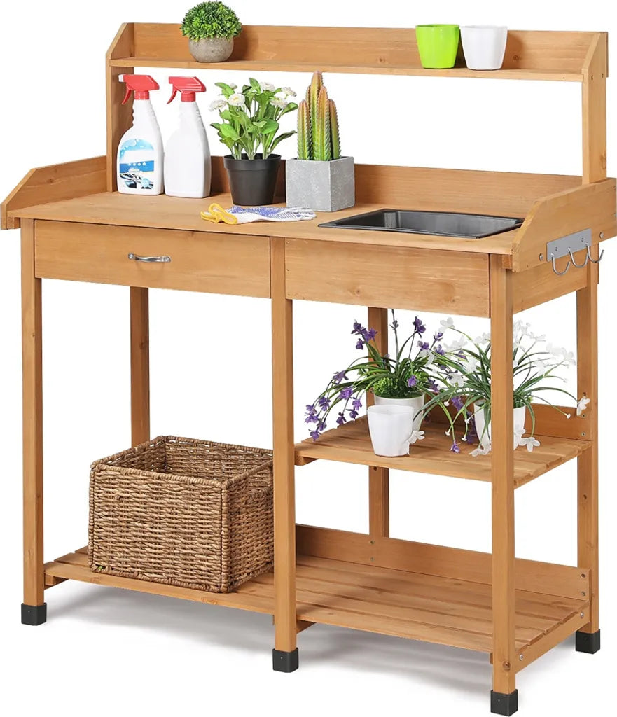 Yaheetech Planttafel - Met Wasbak - Verstelbare Plank - Tuinwerktafel - Houten Oppottafel - Weerbestendig