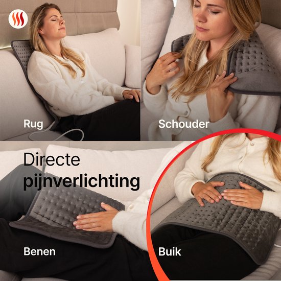 Seranova Elektrisch Warmtekussen voor Rug, Voeten, Nek, Schouders, Buik - Heating Pad - Verwarmingskussen - Wasmachine - 40x30cm - Donkergrijs