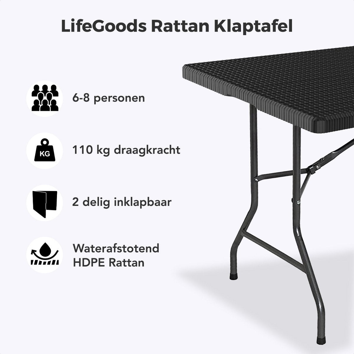 LifeGoods Inklapbare Tafel - 180 cm - Campingtafel - 6 tot 8 Personen - Vouwtafel - Zwart