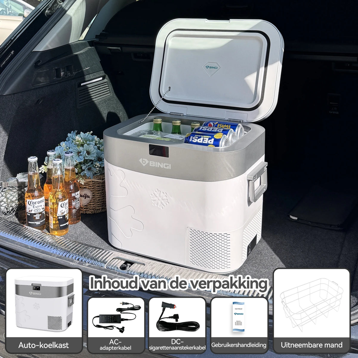 Bingi Compressor Koelbox 22 Liter - Koelen en Vriezen -18 tot 15 °C - 12/24 V en 230 V - Voor Auto, Camper en Camping