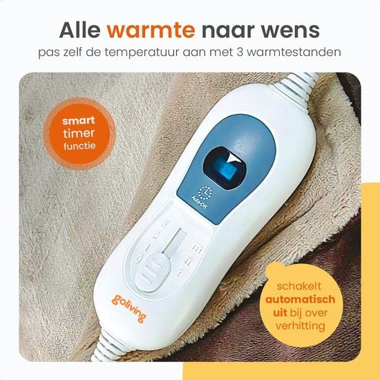 Goliving Elektrische Fleece Plaid - Warmtedeken - Verwarmende Fleecedeken - Elektrische Deken - 3 Warmtestanden - Machinewasbaar - 120 Watt - 2.5 Meter Snoer - Sherpa Flanel - 160 x 120 cm - Bruin