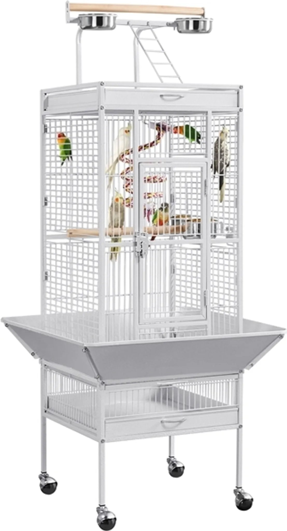 Yaheetech Papegaaienkooi Met Speelplateau – Voorzien Van Zaadvanger En Uitschuifbare Mestlades En Voerluikjes – Voor Valkparkieten En Papegaaien – Wit Poedergecoat IJzer – 65,5 x 65,5 x 156 cm