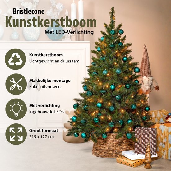 Triumph Tree Bristlecone Kunstkerstboom - Kerstboom met Verlichting en 240 LED Lampjes - Kunstboom met Scharnierconstructie - H215 x Ø127 cm - Donkergroen - Voor Binnen