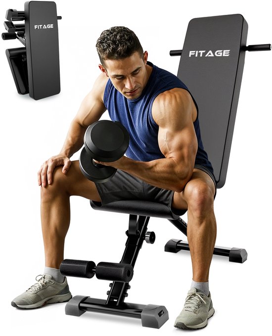 FITAGE Fitnessbank - Fitness Halterbank tot 300KG - Verstelbaar - Inklapbaar - Zwart