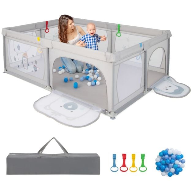 Coast Babybox met 50 Ballen en 2 Ritsdeuren - Grijs - 205 x 147 x 68,5 cm