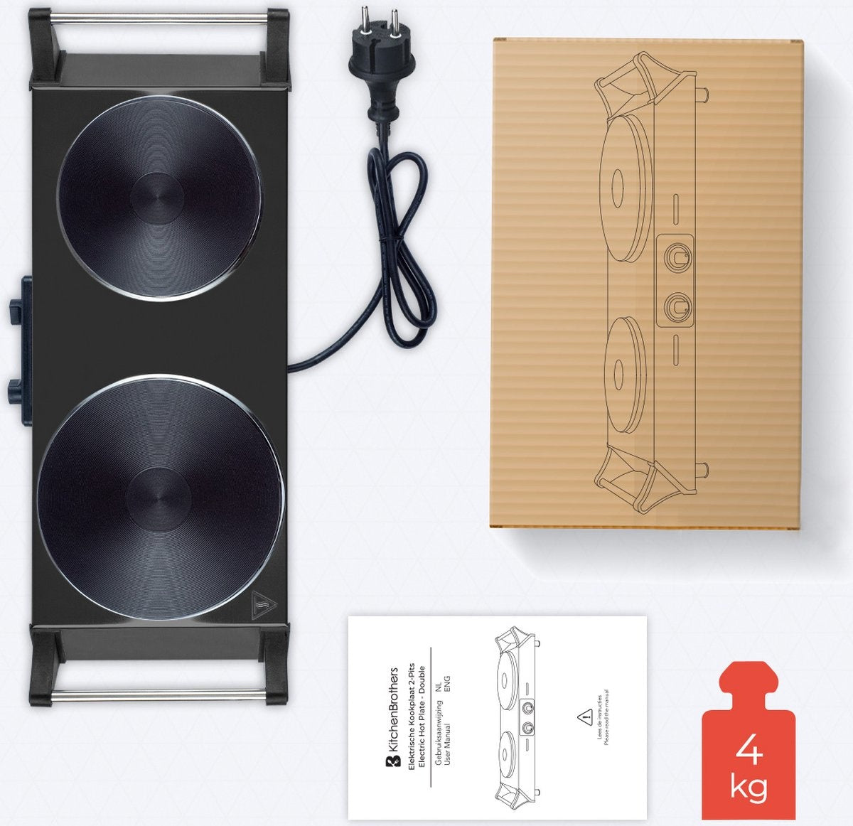 KitchenBrothers Elektrische Kookplaat - 2 Pits - 2500W - Zwart