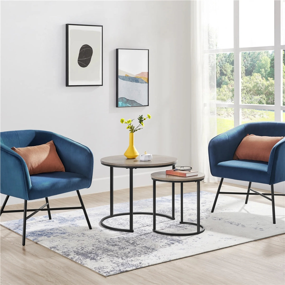 Yaheetech Bijzettafel Set Van 2 Rond – Voorzien Van In Elkaar Schuifbaar Ontwerp En Waterafstotend Tafelblad En Metalen Frame – Voor Woonkamer En Slaapkamer – Grijs MDF – 60 x 60 x 50,5 cm