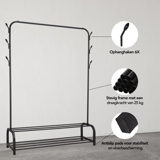 Brixy Kledingrek - Garderoberek - 102x34x152cm - Kledingrek Met Schoenenrek - Industrieel - Metaal - Zwart