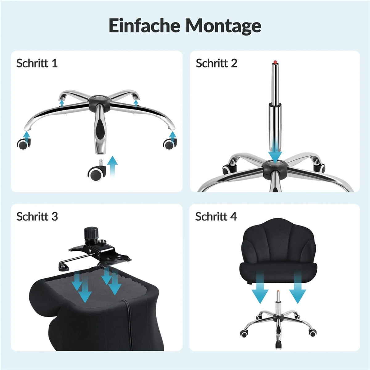 Yaheetech Elegante Draaistoel met Schelpdesign 76,5-86 cm – Strak Zwart – Polyester en Metaal