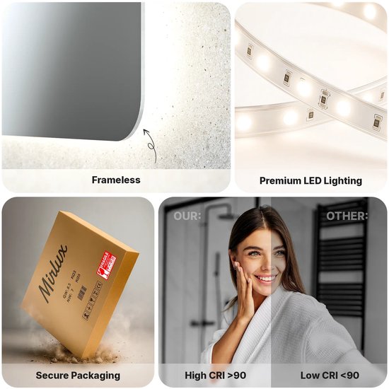 Mirlux Badkamerspiegel met LED Verlichting & Verwarming – Wandspiegel Vierkant – Anti Condens Douchespiegel - Frameloos - 80x80cm