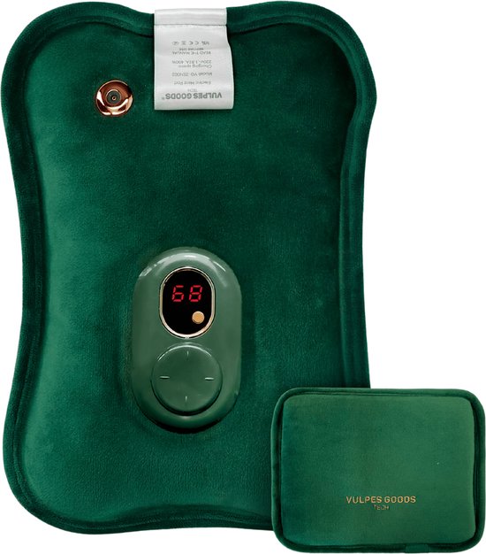 Vulpes Goods® - Elektrische Kruik - Zacht Groen Flanel - Digitaal Display - Draadloos & Energiezuinig - Incl. HandwarmerTegen Menstruatieklachten & Spierpijn - Warmtekruik voor in Bed