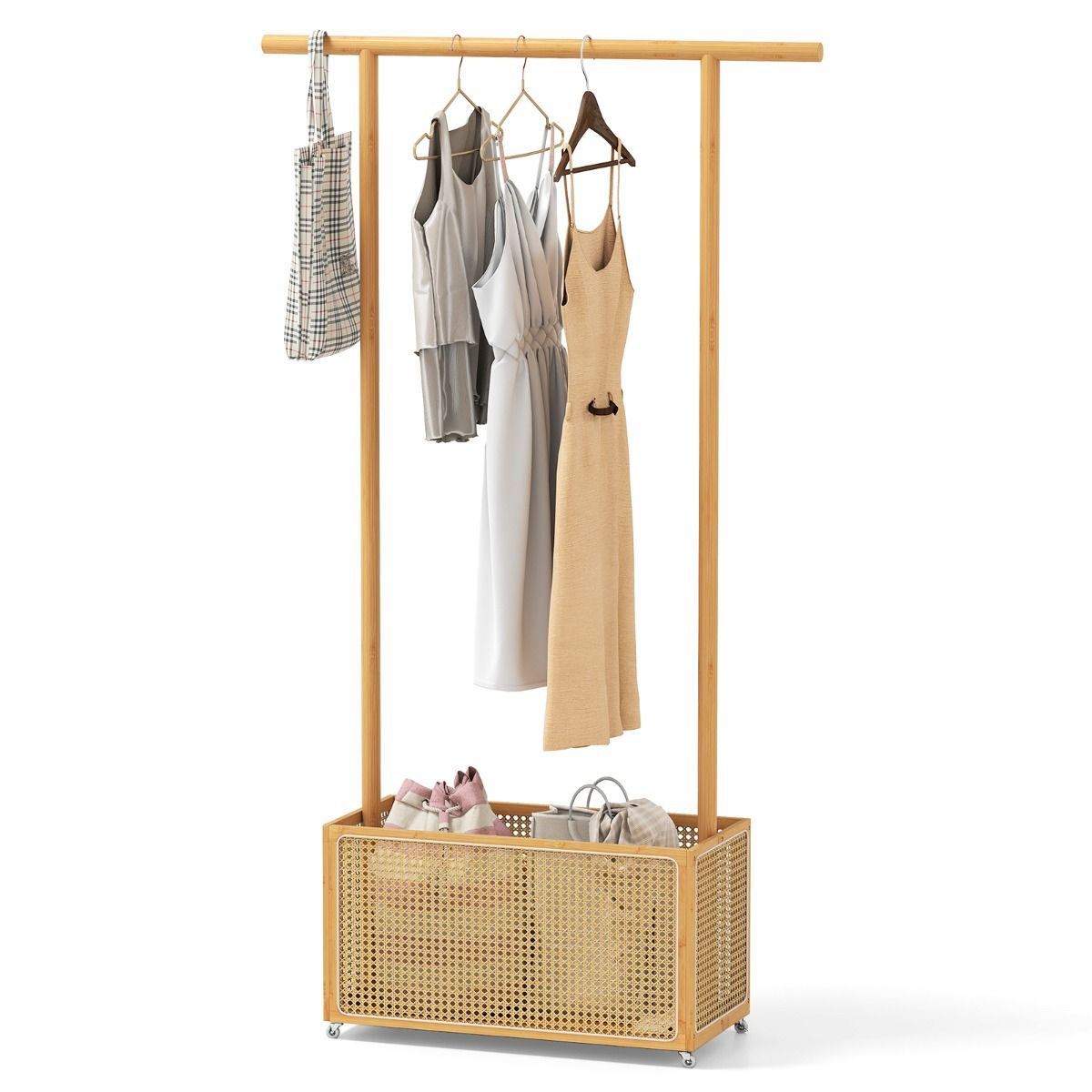 Coast Bamboe Kapstok - met opbergmand en wieltjes - naturel - 100 x 32,5 x 172 cm