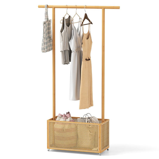 Coast Bamboe Kapstok - met opbergmand en wieltjes - naturel - 100 x 32,5 x 172 cm
