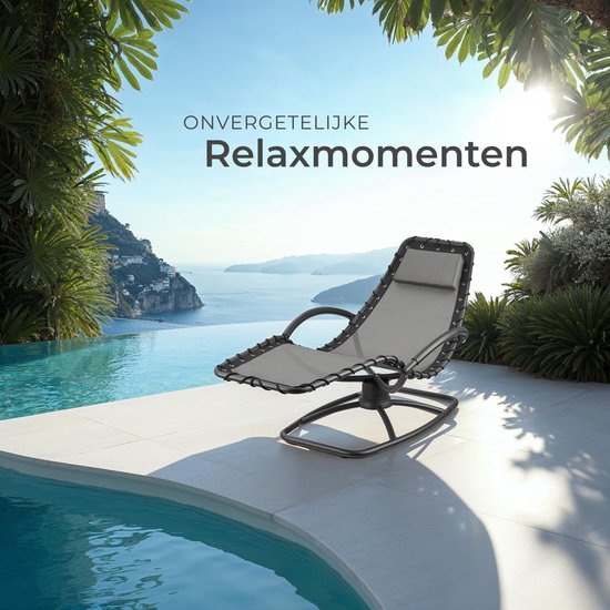 tectake® - Ligstoel Toulon - Ergonomische tuinstoel met schommelfunctie - Verstelbare ligstoel voor tuin, terras, balkon met hoofdkussen en comfortabele armleuningen - 120kg draagkracht - Grijs