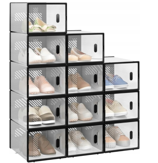 WOLTU Schoenenkast Transparant Zwart - Set van 12 Stapelbare Dozen 35x25x19 cm