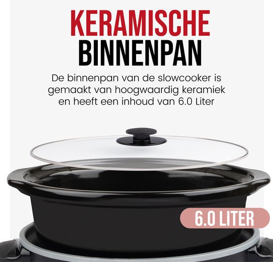 DistinQ Digitale Slowcooker 6 liter met Timer – Keramische binnenpan - Timerfunctie - Warmhoudfunctie