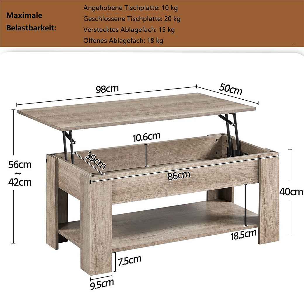 Yaheetech Salontafel met Lift-Top – Grijs – 98 x 50 x 41,8/56 cm – In hoogte Verstelbaar met Opbergruimte