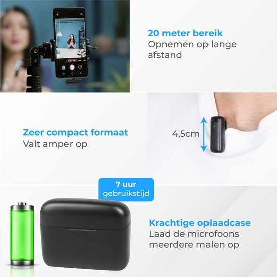 Nuvance - Draadloze Microfoon - 2 Stuks met Oplaadcase - Incl. Lighting Converter - Dasspeld Microfoon - Usb C - Lavelier Microfoon - Plug & Play