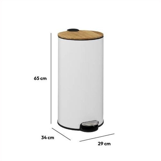 5Five prullenbak/pedaalemmer Bamboe - wit - metaal - 30 liter - 38 x 29 x 60 cm - keuken
