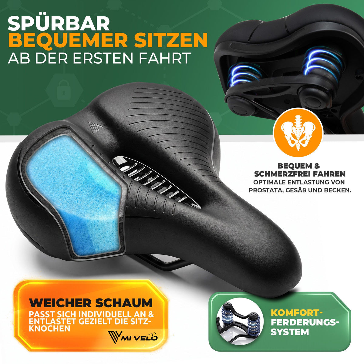 Mivelo Como Breed fietszadel - 3D-comfortschuim en dubbele vering - Voor dames en heren