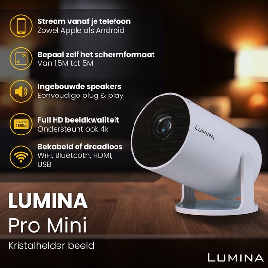 Lumina Mini Pro Beamer - Thuisbioscoop - Projector - Android 11.0 - WiFi 6 & Bluetooth 5.2 - 4k Beeldkwaliteit - Projectorscherm - Wit