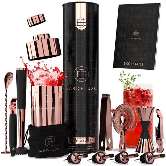 BarDeluxe® Cocktail Set - 12-Delig - Cocktailshaker 750 ml - Roestvrij Staal - Inclusief Luxe Geschenkdoos - Opbergtasje & Receptenboek - Rosé Goud