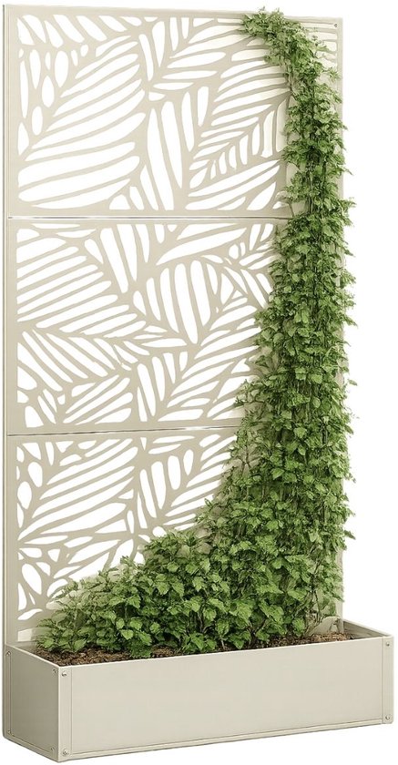 Mica Decorations Sapri Plantensteun - Plantenbak met Klimrek voor Klimplanten - Plantenstandaard Vrijstaand of tegen Muur - 92 x 33 x 174 cm - Off White