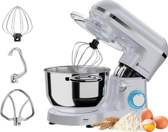 KitchenBrothers Keukenmachine - Keukenrobot - 6,2L - Mixer met Mengkom - Keukenmixer - 2000W - Parelwit