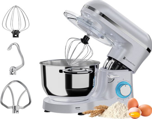 KitchenBrothers Keukenmachine - Keukenrobot - 6,2L - Mixer met Mengkom - Keukenmixer - 2000W - Parelwit