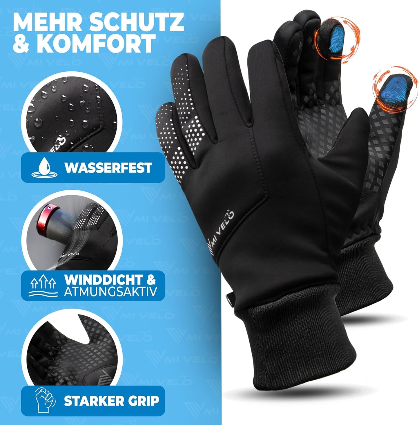 MIVELO Fietshandschoenen VELORIDER - Wind- en Waterdicht - Werkt met Touchscreens - Zwart - Maat L