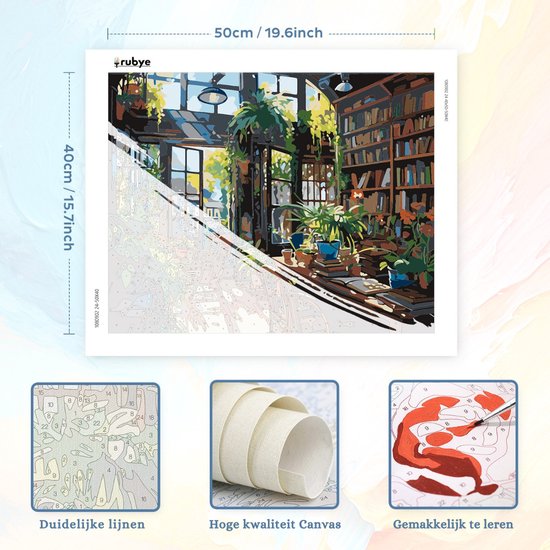 Rubye® Schilderen Op Nummer Volwassenen – Boekenkast – Inclusief Penselen – Canvas Schildersdoek – Kleuren op Nummer – 50x40cm