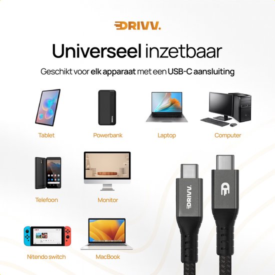 Drivv. USB C naar USB C Kabel 4.0 - Gen 3 - 240W Snellader - 8K 60Hz - 40Gbps - 2 Meter - Nylon - Zwart