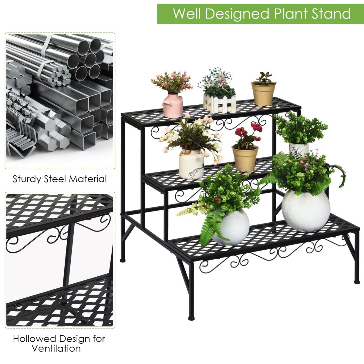 Coast Plantenrek met drie lagen - Metalen bloemenstandaard - Vrijstaande plantentrap - Zwart - 70 x 60 x 60,5 cm