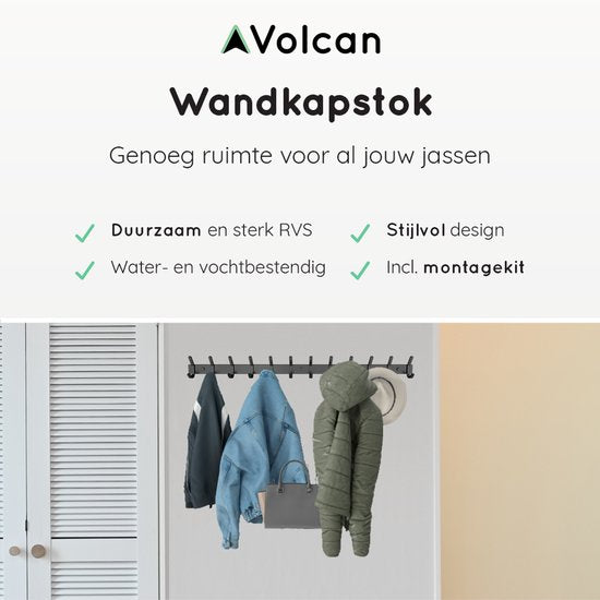 Volcan Wandkapstok - 24 Haken - Muur Kapstok Hangend met 3M Tape - Industrieel - Zwart RVS