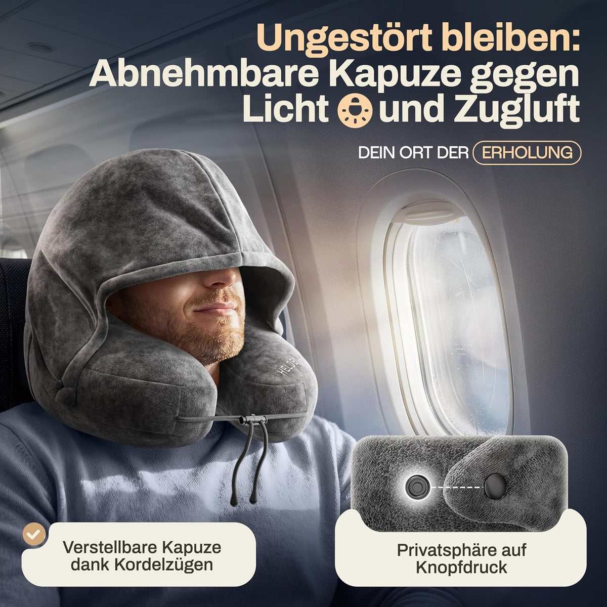 Heldenwerk Premium Air Nekkussen Opblaasbaar - Donkergrijs - Maat Klein - Inclusief Capuchon en Oordopjes