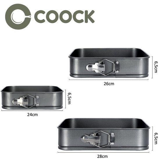 COOCK 3-delige Bakvorm Set Vierkant- Springvorm - Taartvorm Rechthoek met Antiaanbaklaag - 24 tot 28 Cm Diameter -Cakevorm Incl. Deegschraper & E-Book